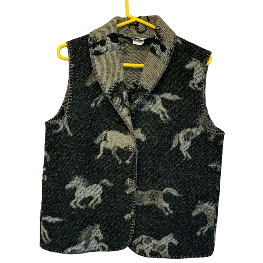Rhonda Stark Wool Blend Horse Motif Western Collared Gray Vest Size Medium